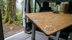 Simple diagram showing the 30-second setup process of a portable standing collapsible desk for RV users on the go.