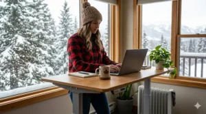 A Canadian remote professional using a FlexiSpot standing desk during a winter workday in a home office.