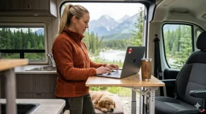 Professional working on a portable standing collapsible desk for RV inside a camper van during a Canadian road trip.
