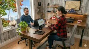 Illustration of rustic reclaimed-wood home office desks inspired by Atlantic Canada style, featuring nautical decor elements and a view of a coastal lighthouse.