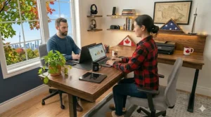 Illustration of a double workspace featuring two side-by-side home office desks for a Canadian couple working from home, decorated with clean, modern organization tools.