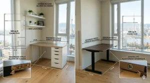 Illustration of compact desks for Canadian apartments, analyzing IKEA desk vs Amazon desk quality for small spaces.