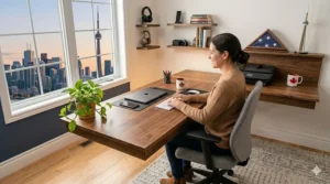 Illustration of space-saving home office desks tailored for a Toronto condo, featuring a minimalist floating desk with a laptop and a view of the CN Tower through the window.