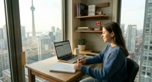 Modern desk for college students featuring built-in USB ports and cable management for charging devices.