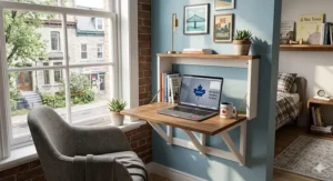 A photorealistic illustration of a space-saving wall mounted folding desk in a bright Montreal apartment, featuring natural light and bilingual French and English decor elements.