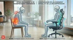 A comparative photorealistic 4K medical illustration contrasting a slouched, unsupported spine causing pain against an optimally aligned spine supported by an advanced ergonomic office chair for back pain, with natural office light and bilingual text.
