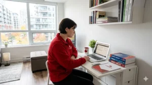 A young woman working actively at an adjustable height standing desk for online learning in a bright Toronto condo.
