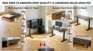 An ergonomic comparison illustration detailing IKEA desk vs Amazon desk quality for sit-stand home offices.