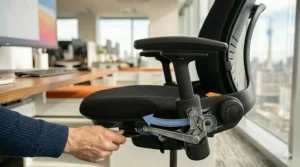 Diagram of the Natural Glide system allowing the chair to recline while keeping the user connected to work.