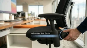 Visual guide demonstrating how to adjust the seat depth on a Steelcase Leap V2 chair.
