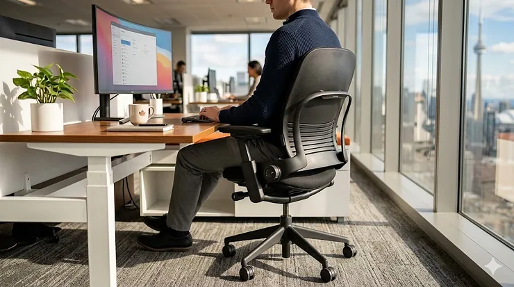 Steelcase Leap V2 ergonomic chair in a modern Canadian office space, showcasing premium design and current CAD pricing. steelcase leap v2 price
