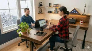 Illustration of eco-friendly home office desks crafted from sustainable Canadian maple wood, styled with green potted plants and natural warm lighting.