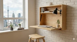 A high-detail photorealistic illustration of a wall mounted folding desk, made from sustainable Canadian maple wood and mounted on a white brick wall, highlighting natural wood grain and eco-friendly craftsmanship.