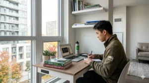 A modern desk for online learning with built-in USB ports and neat cable management, ideal for charging multiple devices.