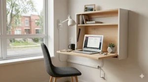 A photorealistic technical illustration of a wall mounted folding desk, similar in style to the unit in image_0.png, featuring built-in cable management and tidy organization for a functional Canadian home office.