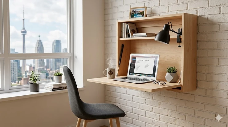 A minimalist wall mounted folding desk in a bright Toronto condo, styled with a laptop and a view of the CN Tower.