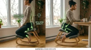 User shifting positions to stay active on a kneeling chair for better posture.