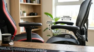 Comparison graphic showing 4D adjustable armrests on an ergonomic office chair.
