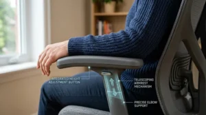 Illustration of adjustable height armrests to reduce shoulder and neck strain.