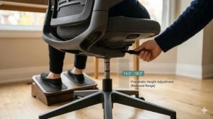 Diagram highlighting key features of an office chair for short people, including seat depth and pneumatic height adjustment.