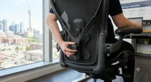 Close-up of a person adjusting the lumbar support dial on an ergonomic office chair for pregnancy comfort.
