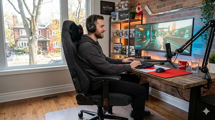 Premium ergonomic gaming chair designed for long gaming sessions in a home office. gaming chair for long sessions
