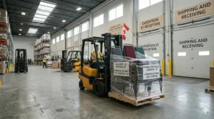 A forklift moving a pallet of stacked office chairs in a warehouse.