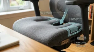 Close-up of a contoured seat cushion design specifically for tailbone pressure relief.
