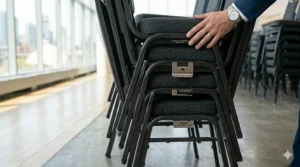 A comfortable, fabric-padded stackable chair for meeting rooms.