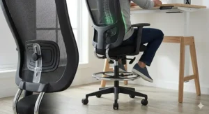 Illustration showing the extended height range of a drafting chair compared to a standard office chair.