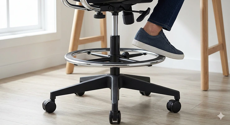 Ergonomic drafting chair paired with a modern height-adjustable standing desk in a Canadian home office. drafting chair for standing desk