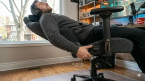 Gaming chair showing 165-degree recline for resting between sessions.