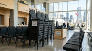 Close-up of a durable steel frame on a stackable office chair.