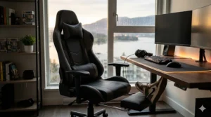 Detailed photorealistic close-up of the upper ergonomic backrest and headrest of a black gaming chair, showcasing premium stitching and contours with natural window light.