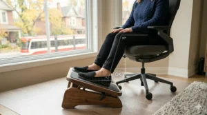 A black ergonomic footrest used under a desk to support a short person in an office chair.
