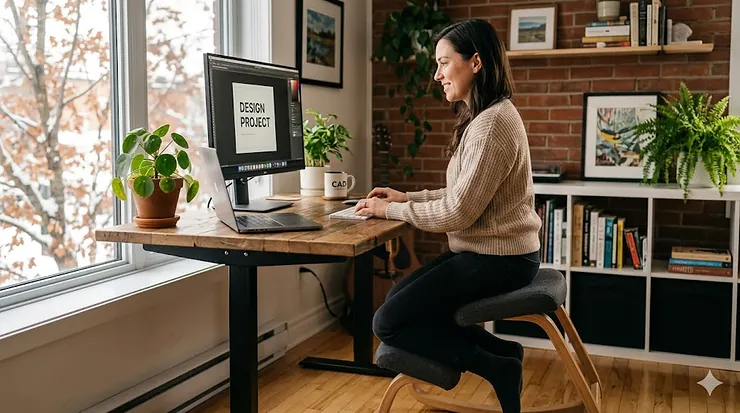 Person working at a home office using an ergonomic kneeling chair for posture.