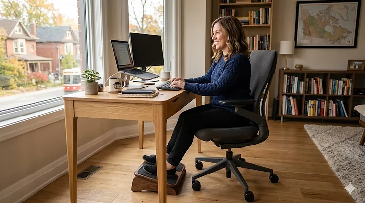Person of shorter stature comfortably seated in an ergonomic office chair with adjustable height and lumbar support.
