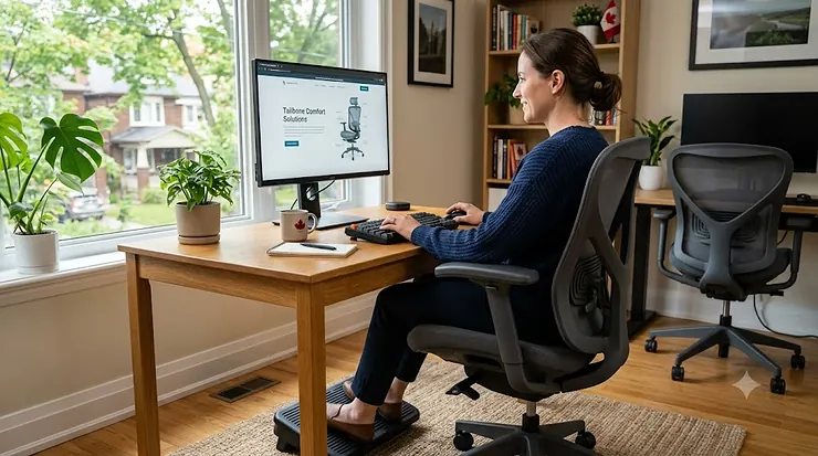 Person sitting comfortably in an ergonomic office chair designed to relieve tailbone pain. office chair that doesn't hurt tailbone