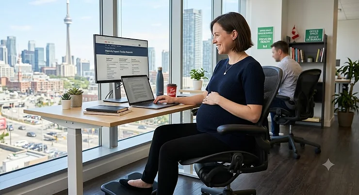 Ergonomic office chair providing lumbar support for a pregnant woman working in a modern Canadian office. pregnancy office chair support