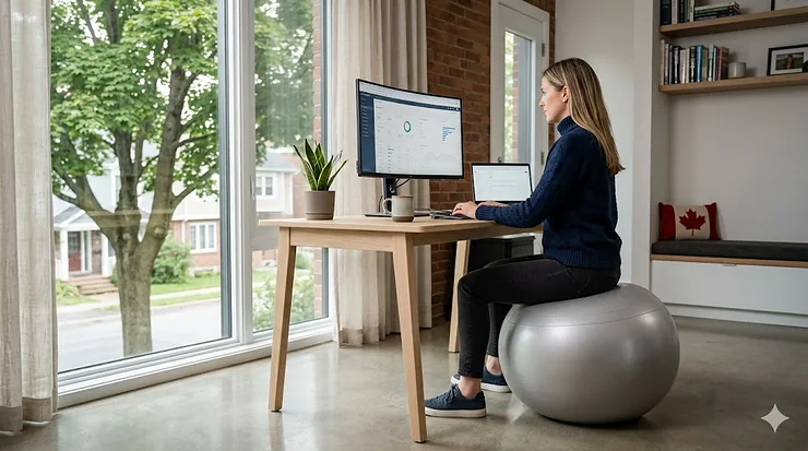 A photorealistic illustration of a Vietnamese family in Uong Bi, Quang Ninh, happily sharing a multi-course meal at a detailed wooden dining table in their home, bathed in soft, natural light, 4K quality balance ball chair benefits
