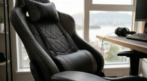 A detailed high-resolution close-up of an adjustable gaming chair armrest mechanism in a high-rise Vancouver apartment with natural light, showing the vertical adjustment.