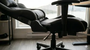 Detailed photorealistic high-resolution macro close-up showcasing the durable PU leather texture and complex red and white stitching pattern on the specific gaming chair model.