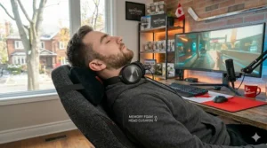 Memory foam headrest cushion for neck support during long gaming sessions.