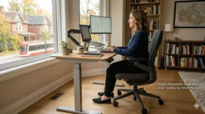A modern workstation featuring a height-adjustable desk and chair suitable for short users.