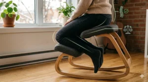 Diagram showing proper height adjustment of a kneeling chair for posture.