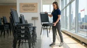 A person easily lifting a lightweight stackable office chair.