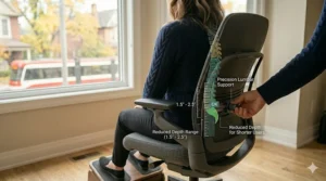 Visual guide showing how to adjust lumbar support on an office chair for a short person's back.