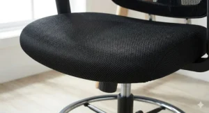 A drafting chair featuring built-in lumbar support for posture correction at elevated workstations.