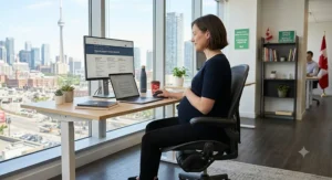 Technical diagram highlighting the seat depth adjustment mechanism on an office chair for enhanced pregnancy support.