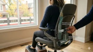 Close-up view of seat depth adjustment lever on an office chair designed for shorter users.